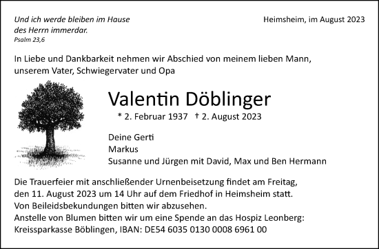 Traueranzeige von Valentin Döblinger von Leonberger Kreiszeitung / Strohgäu Extra