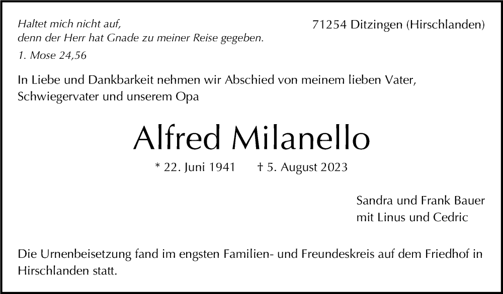  Traueranzeige für Alfred Milanello vom 09.09.2023 aus Leonberger Kreiszeitung / Strohgäu Extra