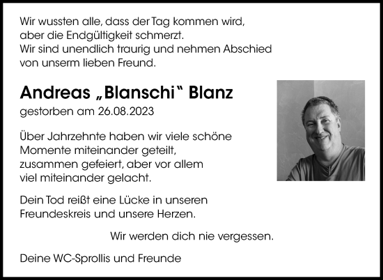 Traueranzeige von Andreas Blanz von Leonberger Kreiszeitung / Strohgäu Extra