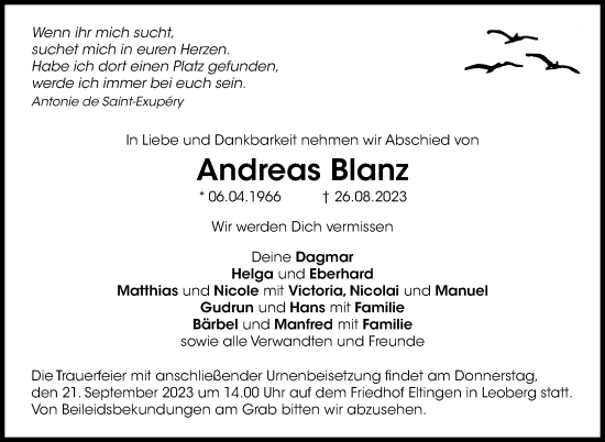 Traueranzeige von Andreas Blanz von Leonberger Kreiszeitung / Strohgäu Extra