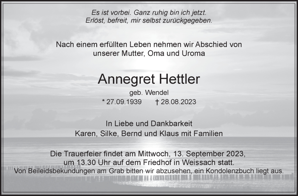  Traueranzeige für Annegred Hettler vom 06.09.2023 aus Leonberger Kreiszeitung / Strohgäu Extra