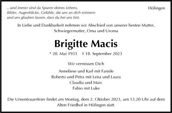 Traueranzeige von Brigitte Macis von Leonberger Kreiszeitung / Strohgäu Extra