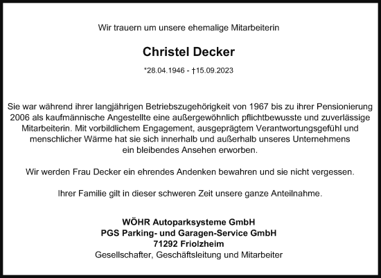 Traueranzeige von Christel Decker von Leonberger Kreiszeitung / Strohgäu Extra