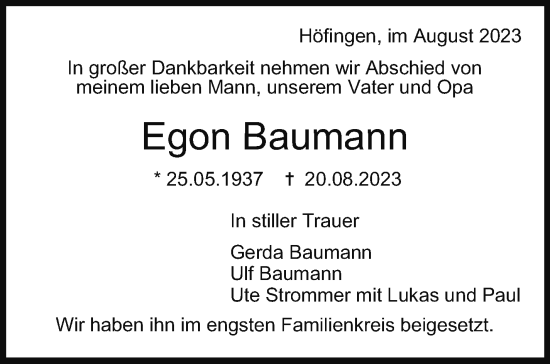 Traueranzeige von Egon Baumann von Leonberger Kreiszeitung / Strohgäu Extra