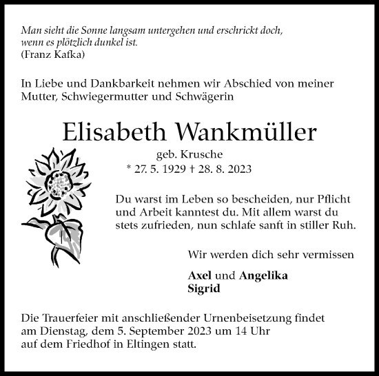 Traueranzeige von Elisabeth Wankmüller von Leonberger Kreiszeitung / Strohgäu Extra