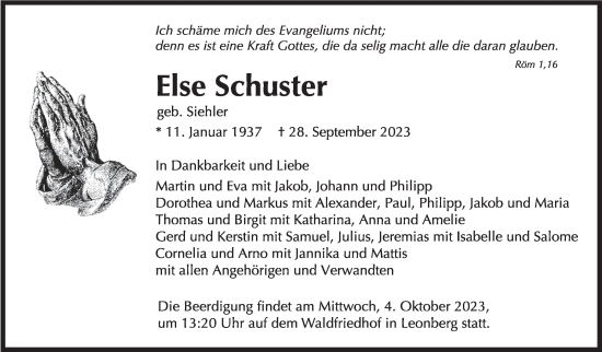 Traueranzeige von Else Schuster von Leonberger Kreiszeitung / Strohgäu Extra