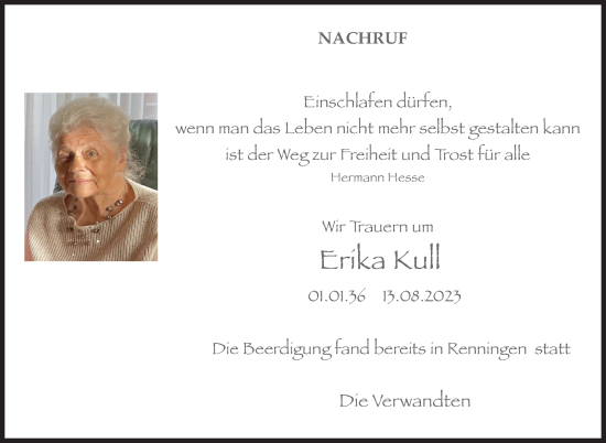Traueranzeige von Erika Kull von Leonberger Kreiszeitung / Strohgäu Extra