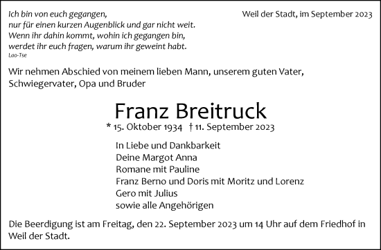 Traueranzeige von Franz Breitruck von Leonberger Kreiszeitung / Strohgäu Extra