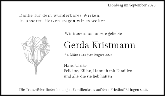 Traueranzeige von Gerda Kristmann von Leonberger Kreiszeitung / Strohgäu Extra