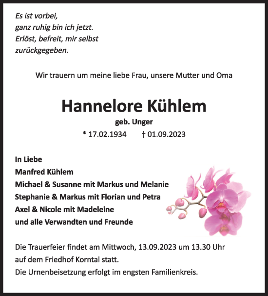 Traueranzeige von Hannelore Kühlem von Leonberger Kreiszeitung / Strohgäu Extra