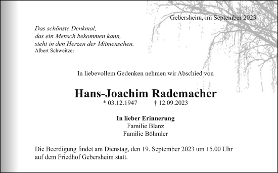 Traueranzeige von Hans-Joachim Rademacher von Leonberger Kreiszeitung / Strohgäu Extra