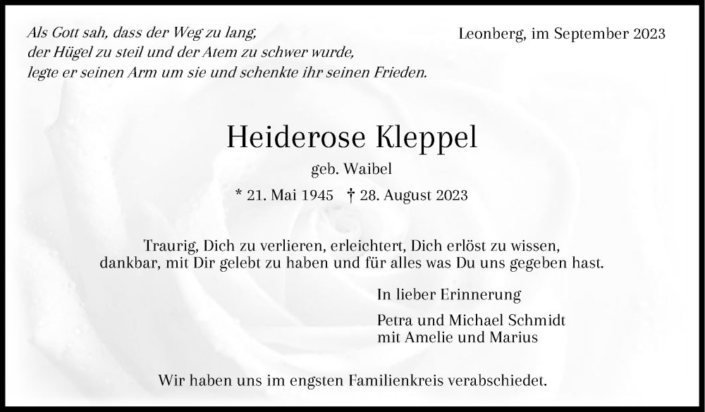  Traueranzeige für Heiderose Kleppel vom 12.09.2023 aus Leonberger Kreiszeitung / Strohgäu Extra