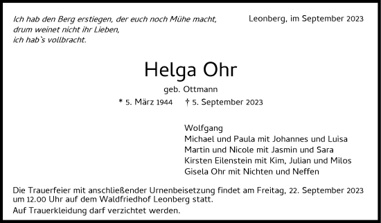 Traueranzeige von Helga Ohr von Leonberger Kreiszeitung / Strohgäu Extra