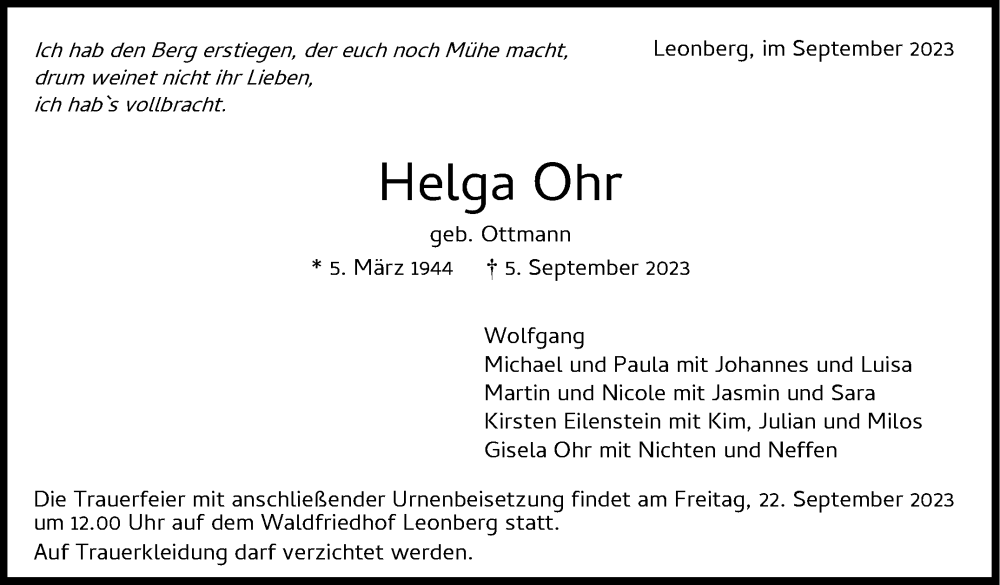  Traueranzeige für Helga Ohr vom 19.09.2023 aus Leonberger Kreiszeitung / Strohgäu Extra
