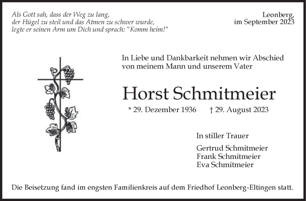  Traueranzeige für Horst Schmitmeier vom 18.09.2023 aus Leonberger Kreiszeitung / Strohgäu Extra