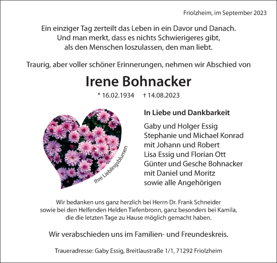 Traueranzeige von Irene Bohnacker von Leonberger Kreiszeitung / Strohgäu Extra