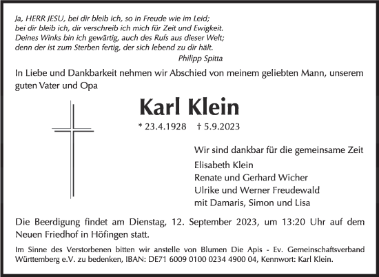 Traueranzeige von Karl Klein von Leonberger Kreiszeitung / Strohgäu Extra