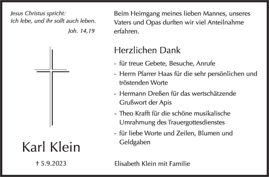 Traueranzeige von Karl Klein von Leonberger Kreiszeitung / Strohgäu Extra