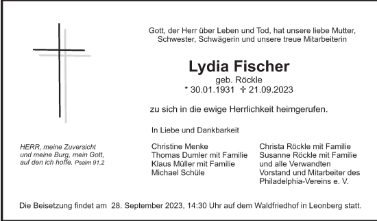 Traueranzeige von Lydia Fischer von Leonberger Kreiszeitung / Strohgäu Extra