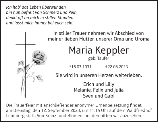 Traueranzeige von Maria Keppler von Leonberger Kreiszeitung / Strohgäu Extra