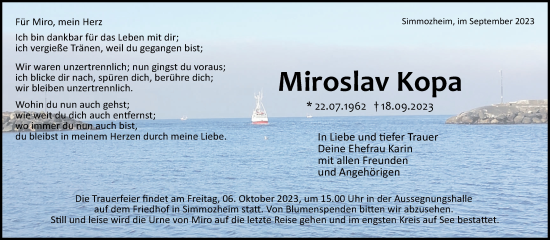 Traueranzeige von Miroslav Kopa von Leonberger Kreiszeitung / Strohgäu Extra