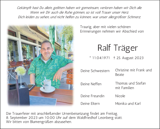 Traueranzeige von Ralf Träger von Leonberger Kreiszeitung / Strohgäu Extra