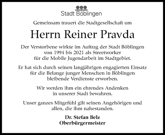 Traueranzeige von Reiner Pravda von Leonberger Kreiszeitung / Strohgäu Extra