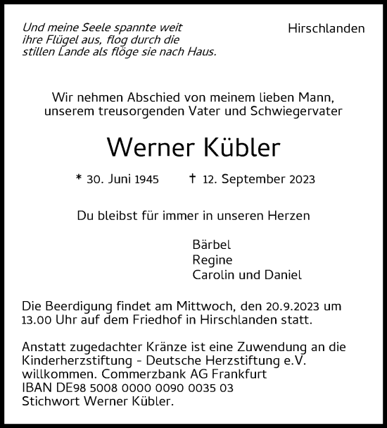 Traueranzeige von Werner Kübler von Leonberger Kreiszeitung / Strohgäu Extra