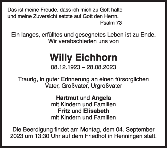 Traueranzeige von Willy Eichhorn von Leonberger Kreiszeitung / Strohgäu Extra