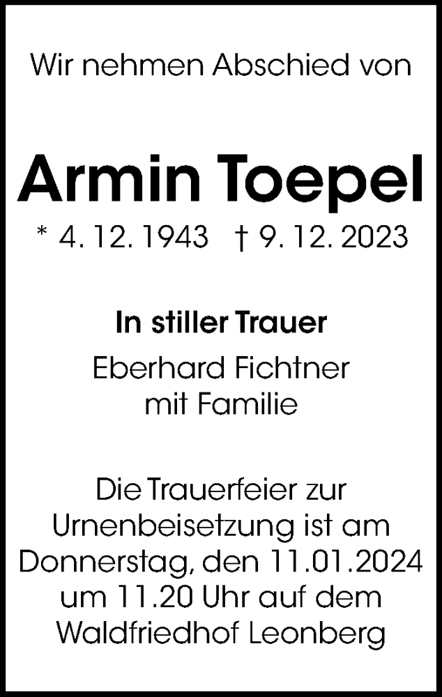  Traueranzeige für Armin Toepel vom 08.01.2024 aus Leonberger Kreiszeitung / Strohgäu Extra