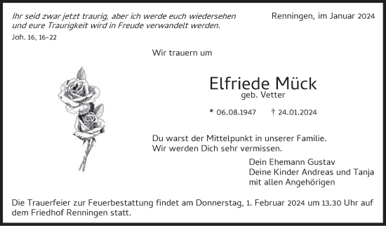 Traueranzeige von Elfriede Mück von Leonberger Kreiszeitung / Strohgäu Extra