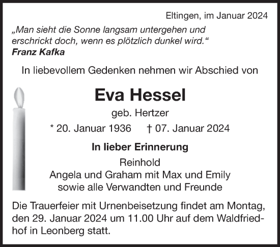 Traueranzeige von Eva Hessel von Leonberger Kreiszeitung / Strohgäu Extra