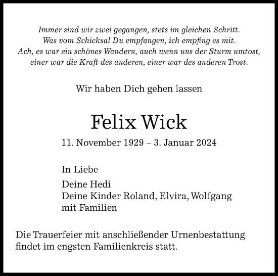 Traueranzeige von Felix Wick von Leonberger Kreiszeitung / Strohgäu Extra