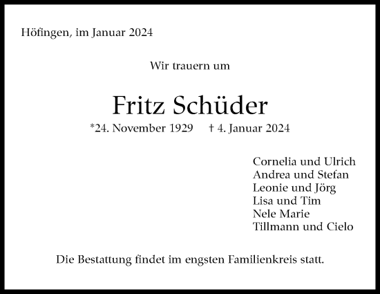 Traueranzeige von Fritz Schüder von Leonberger Kreiszeitung / Strohgäu Extra
