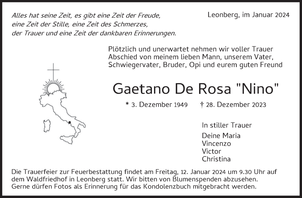  Traueranzeige für Gaetano De Rosa vom 08.01.2024 aus Leonberger Kreiszeitung / Strohgäu Extra