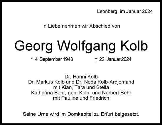 Traueranzeige von Georg Wolfgang Kolb von Leonberger Kreiszeitung / Strohgäu Extra