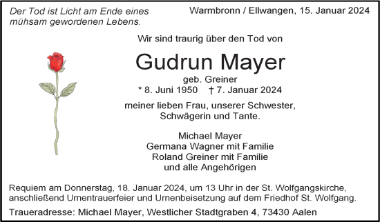 Traueranzeige von Gudrun Mayer von Leonberger Kreiszeitung / Strohgäu Extra