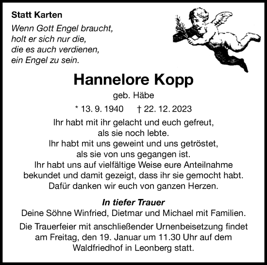 Traueranzeige von Hannelore Kopp von Leonberger Kreiszeitung / Strohgäu Extra