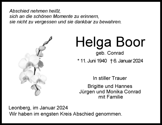 Traueranzeige von Helga Boor von Leonberger Kreiszeitung / Strohgäu Extra