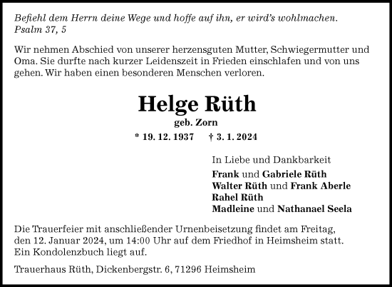 Traueranzeige von Helge Rüth von Leonberger Kreiszeitung / Strohgäu Extra