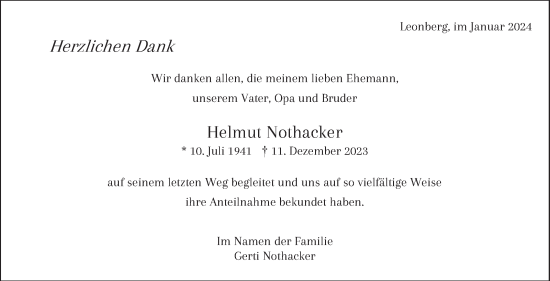 Traueranzeige von Helmut Nothacker von Leonberger Kreiszeitung / Strohgäu Extra