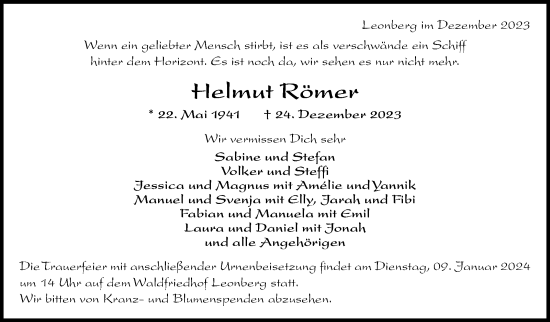 Traueranzeige von Helmut Römer von Leonberger Kreiszeitung / Strohgäu Extra