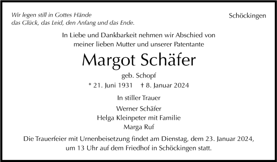 Traueranzeige von Margot Schäfer von Leonberger Kreiszeitung / Strohgäu Extra