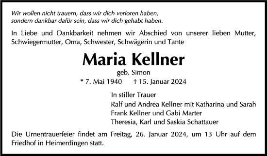 Traueranzeige von Maria Kellner von Leonberger Kreiszeitung / Strohgäu Extra
