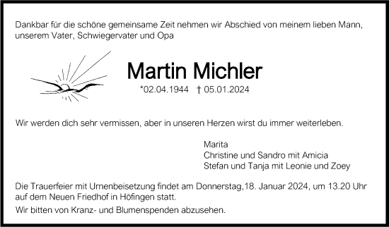 Traueranzeige von Martin Michler von Leonberger Kreiszeitung / Strohgäu Extra
