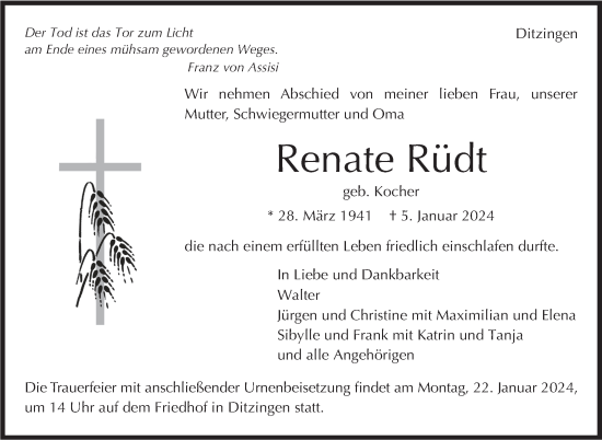 Traueranzeige von Renate Rüdt von Leonberger Kreiszeitung / Strohgäu Extra