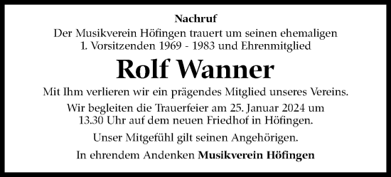 Traueranzeige von Rolf Wanner von Leonberger Kreiszeitung / Strohgäu Extra