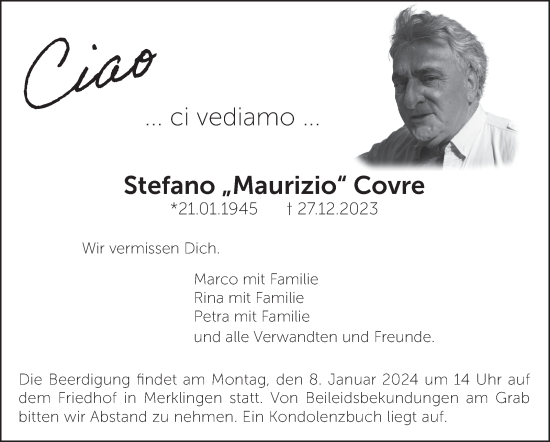 Traueranzeige von Stefano Covre von Leonberger Kreiszeitung / Strohgäu Extra