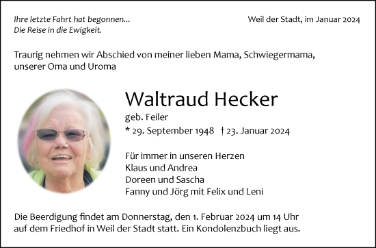 Traueranzeige von Waltraud Hecker von Leonberger Kreiszeitung / Strohgäu Extra