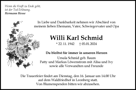 Traueranzeige von Willi Karl Schmid von Leonberger Kreiszeitung / Strohgäu Extra